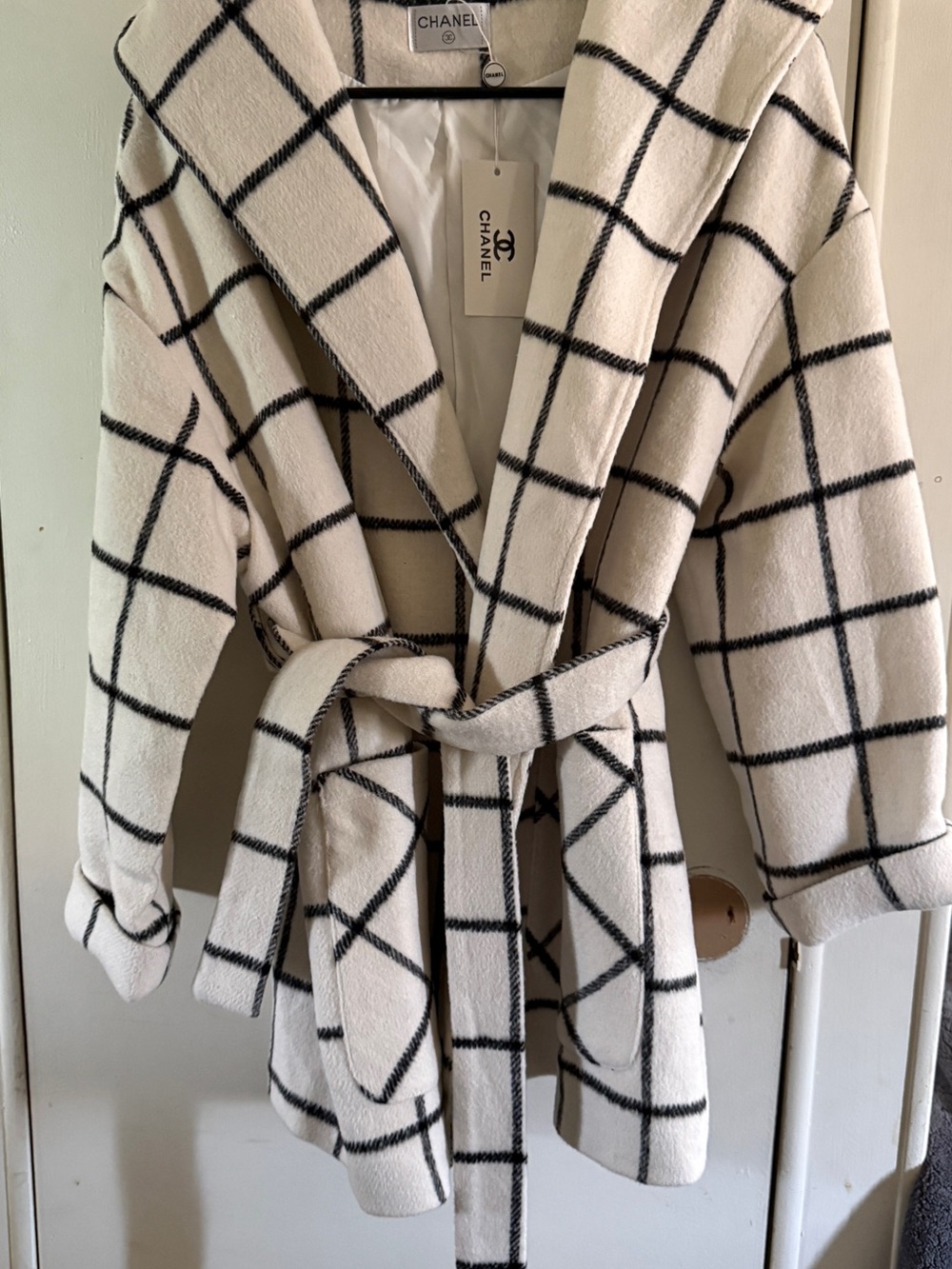 Fashion Cream & Black Windowpane Belted Coat